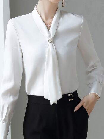 Vibrant Solid Color V-Neck Elegant Long Sleeve Blouse for Women