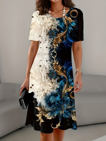 Vibrant Floral Print Midi Dress - Short Sleeve, Crew Neck