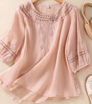 Charming Floral Embroidered Blouse - Timeless Solid Color